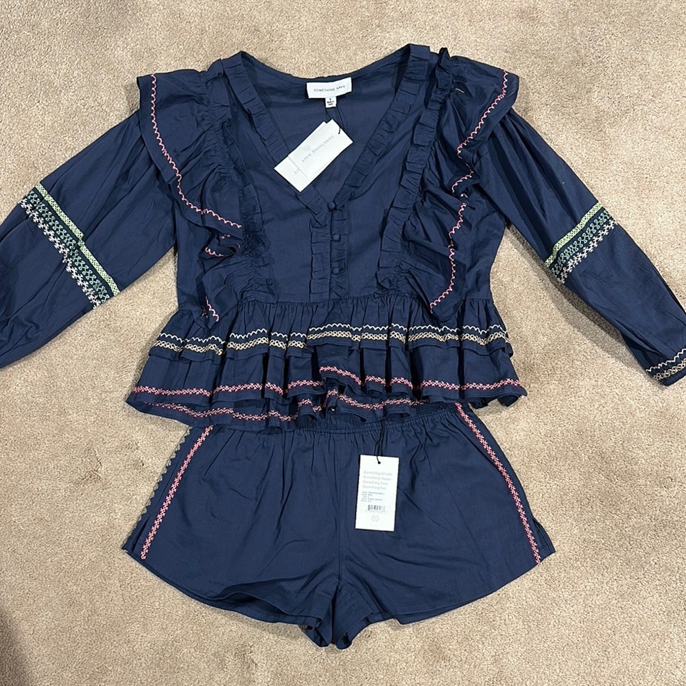 Navy Ruffled Top and Shorts Set